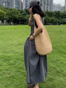 Gray Sleeveless round Neck Vest Dress Womens Summer Elegance Simple Retro Long Dress Tea Break French High-End Feeling Dress