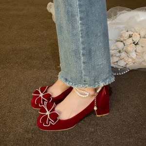 รองเท้าส้นสูง Mary Janes ทรงหัวมน ดีไซน์จีนใหม่ รองเท้าแต่งงานแบบสวม คริสตัลผีเสื้อ รองเท้าแต่งงานสำหรับผู้หญิง