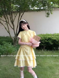 New Chinese Style Yellow Polka Dot Improved Cheongsam Dress Womens Summer New Sensation National Cake Dress A-Line Skirt