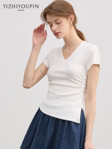 เสื้อยืดคอวีแขนสั้นผู้หญิงทรงเข้ารูป ทรงสลิมฟิต สไตล์ฤดูร้อน แขนสั้น ทรงเข้ารูป ทรงเข้ารูป เสื้อยืดผู้หญิง