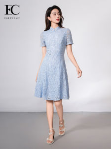 Elegant Lace Cheongsam Style Dress Summer New Chinese National Style Womens Clothing High Waist Short Sleeve Midi Skirt