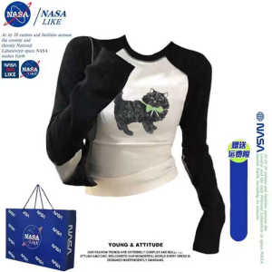 Áo Thun Nữ Tay Dài Màu Khối NASA Slim Fit Mùa Thu Đông Ngắn Dáng Thường in Họa Tiết Hoạt Hình Cổ Tròn