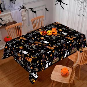 VIKAMA Halloween Tablecloth Pumpkin Ghost Skeleton Spider Web Print Rectangle Table Cover Holiday Party Home Decor