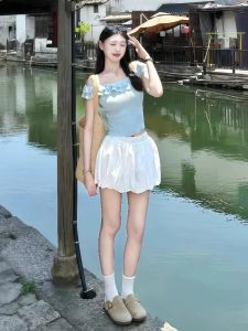 VKSOD | Bộ đồ hai mảnh váy hoa hở vai màu trắng mùa hè cho nữ Bộ đồ hai mảnh phong cách ngọt ngào có chi tiết hoa lót