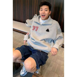 เสื้อสเวตเตอร์คอตั้งพิมพ์ลายตัวอักษรแบบมีซิปครึ่งตัว ทรงหลวม แขนยาว ผ้าขนแกะ ผ้าฝ้าย ผ้ากำมะหยี่ ฤดูใบไม้ร่วง/ฤดูหนาว สำหรับผู้ชาย