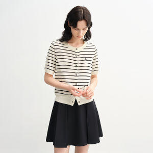 DUSHU | Large Size Black and White Stripe Knit Cardigan