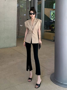 Elegant Tailored Vest Womens Summer Slimming V-Neck Sleeveless Korean Style Commute Pure Color Loose Fit Short Sleeve Shirt