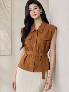 Roey s house | Elegant Linen Caramel Color Sleeveless Stand Collar Tied Waist Shirt