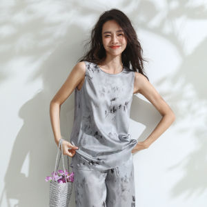 Miccbeirn | Silk Elastic Printed Vest Top Vintage Artistic Style Commute Sleeveless Inner Wear Floral Pattern Round Neck Loose Fit Summer