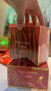 Tiger Aroma Coffee - Red packaging - 12 single-serve packets - Tiger design - Coffee beans and cup - Happy Living Life branding