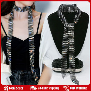 Bling Long Scarf Neckerchiefs Rhinestones Tie Choker Necklace for Women Luxury Crystal Necktie Collar Necklace Jewelry European American Scarf Neckerchiefs Rhinestones Necklace Wedding Dress All-match Clavicle Chain Simple Neck Chain