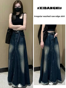 Retro Washed Distressed Denim Half-skirt for Women Autumn 2025 Lazy Style Asymmetrical Mid-length A-line Skirt