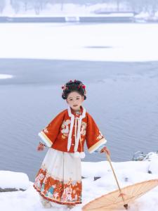 Red New Year Girls Hanfu Fleece Lined Cowl Neck Padded Coat Childrens Traditional Chinese Costume Warm Thickened Winter Outfit