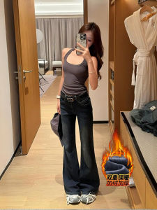 Quần Jeans Ống Loe Lót Lông Cừu Cạp Thấp Cho Nữ Quần Jeans Ống Loe Co Giãn Mềm Mại Thường Ngày Mùa Đông 2025 Quần Thường Ngày