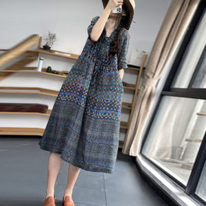 Large Size V-Neck Cotton Linen Dress Casual Summer Long Skirt with Printed Waistband for Women Pullover Style