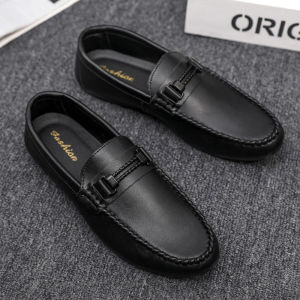 Mens Breathable Leather Slip-On Black British Style Soft Non-slip Loafers