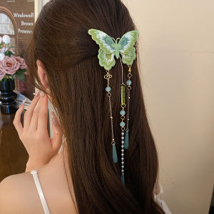 Green Embroidered Butterfly Hair Clips Women New Chinese Style Retro Resin Bead Tassel Duckbill Barrettes Hanfu Cheongsam
