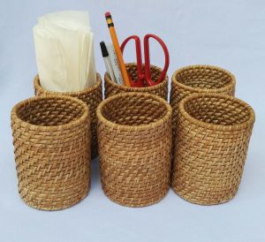 Tissue Holder/ Table and Desktop Pen Holder Woven Rattan Cylindrical Shape 3 inches diameter x 4 inches height in Rustic Finish