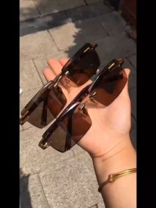 NWM Rimless Polarized Brown Sunglasses for Men Authentic Sale UV Protection Anti UV400 Metal Square Summer Traveling Driving Fishing Fashion Retro Sun Glass Shades for Men Gift 477