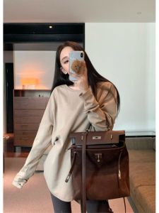 Korean Style Loose Long Sleeve T-Shirt Womens Mid-Length Base Shirt Pure Color Spring Design Sense Arc Bottoming Shirt