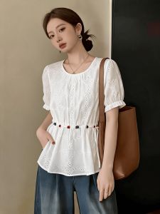Hollow Out Sleeveless White Shirt Slimming Design with Beaded Tie-Waist for Plus Size