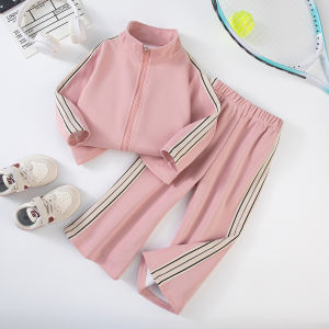 Girls Spring Autumn Two-Piece Set Sporty Long Sleeve T-Shirt with Flared Pants Casual Outerwear for Kids