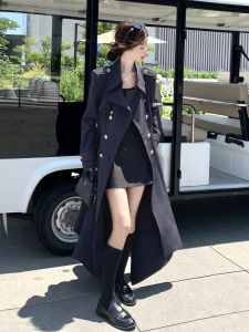 Elegant British Style Long Coat Womens Fashion Slimming Waist Design Black Outerwear for Autumn Season High-End Feel