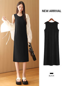 Black Summer Dress Womens Sleeveless Strap Vest Inner Wear Base Tank Long Dress Commute Korean Style Pure Color Natural Waist