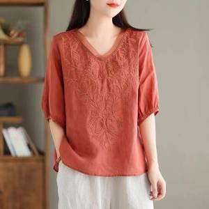 Pure Color Cotton and Linen Half Sleeve Shirt Womens 2024 Summer V Neck Machine Embroidery Casual Easiest for Match Thin Cotton and Linen Shirt