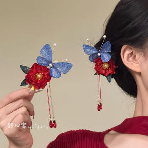 Original Ambitionist [Spring Red] New Chinese Style Floral Hairpin Bride Preparation Atmosphere Feeling Hair Clip Alloy Plated Silver Gold