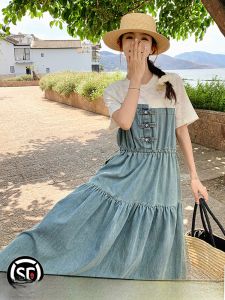 New Chinese Style Denim Dress Womens Summer New Short Sleeve A-Line Skirt Waist-Cinching Splicing Design Anti-Aging Dress
