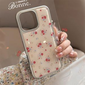 Potdemiel | Korean Full Screen Floral Flower Silver Edge Drop Glue Phone Case for iPhone 17 Air 12 13 14 15 16 Pro Max Plus Shockproof Cover