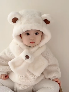 หมวกเด็กกันหนาวบุขนหนา + ผ้าพันคอในตัว นุ่ม ฟู อุ่น ขนเฟอร์พรีเมียม นิ่มมาก 05-A43