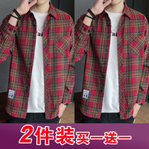 Red Gingham Shirt Mens Ins Fashionable Inner Wear Handsome Outwear High School Student Casual Wear K-style Long Sleeves Top Clothes