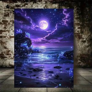BILIBILI | Frameless Canvas Wall Art Painting - Full Moon on Purple Luminous Beach - Versatile Home Decoration Suitable for Christmss Wall