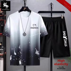 Ice Silk Casual Set Summer New Fashionable Large Size Short Sleeve T-shirt and Shorts Sporty Mens Two-Piece Outfit