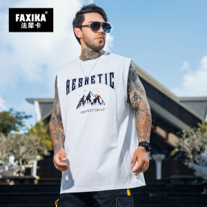 Loose Fit Summer Print Tank Top Mens plus Size Sporty Trendy Sleeveless T-Shirt Big Size Cotton Polyester Blend round Neck