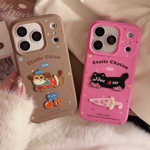 Korean 3D Cartoon Cat Dog Embroidery Couple Phone Case For iPhone 17 13 14 12 11 15 16 Pro Max Shockproof Protective Soft Cover