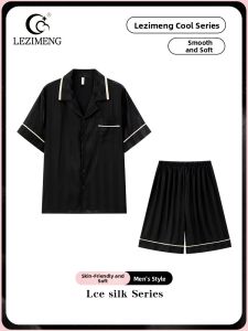 LEZIMENG | Luxurious Silk Short Sleeve Striped Pattern Summer Sleepwear Set for Men
