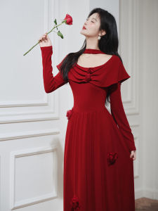French Romantic Red Rose Knitted One-Shoulder Dress Womens High-End Engagement Dinner Party Dress Long Gown