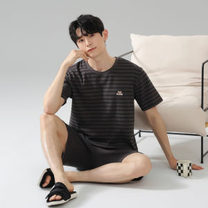Miiow | Mens Summer Sleepwear Short Sleeve Shorts Pure Cotton Breathable Wearable Home Clothes Set Youth Casual Comfortable Thin Cotton