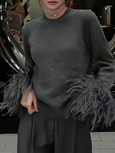 เสื้อสเวตเตอร์คอปกกลมสีเทาสำหรับผู้หญิง ฤดูใบไม้ร่วง/ฤดูหนาว เสื้อสเวตเตอร์ถักขนสัตว์เนื้อนุ่ม สไตล์ยุโรป คุณภาพสูง แขนยาว ทรงสลิมฟิต