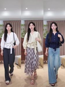 French Bow Tie Waist Loose Casual V-Neck Shirt Autumn Lyocell