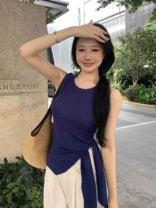 Áo Len Dệt Kim Không Tay Mùa Hè Cho Nữ Áo Ba Lỗ Cổ Tròn Màu Trơn Dáng Ôm Vừa Vặn Áo Ba Lỗ Không Dây Thắt Nơ Đa Năng