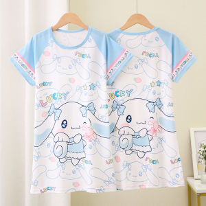 Sanrio Kawaii Kids Summer Sleeveless Midi Dress Cartoon Print Sleepwear Short Sleeve Half Sleeve Childrens Dress Milk Silk Fabric