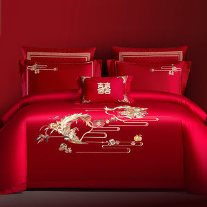 SIDEFU | High-end Red Wedding Four-piece Set 100% Cotton Phoenix and Dragon Embroidery