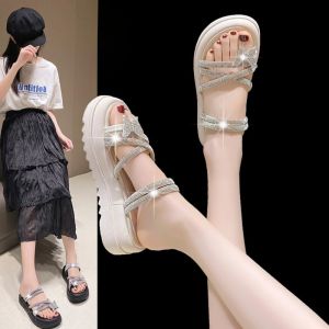 Princess Style Thick Heel Sandals for Women Summer New Two-Ways Wear Butterfly Knot Water Diamond Slippers Outdoor Casual Shoes