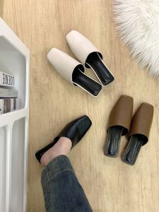 Square Head Soft Leather Slip-On Sandal