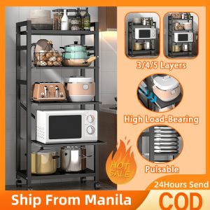 Pull Out Kitchen Storage Rack Organizer Shelf With Wheels Microwave Stand Expandable 3/4/5 Layered Rack Organizer Stainless Steel Kitchen Rack with Hooks Electric Rice Cooker Stand Rack Condiments Organizer Bottle Rack Large Load Capacity