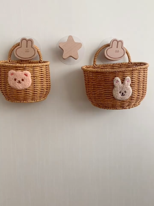 Ginger Garlic Egg Storage Basket Cartoon Bear Kitchen Imitation Rattan Woven Wall Hanging